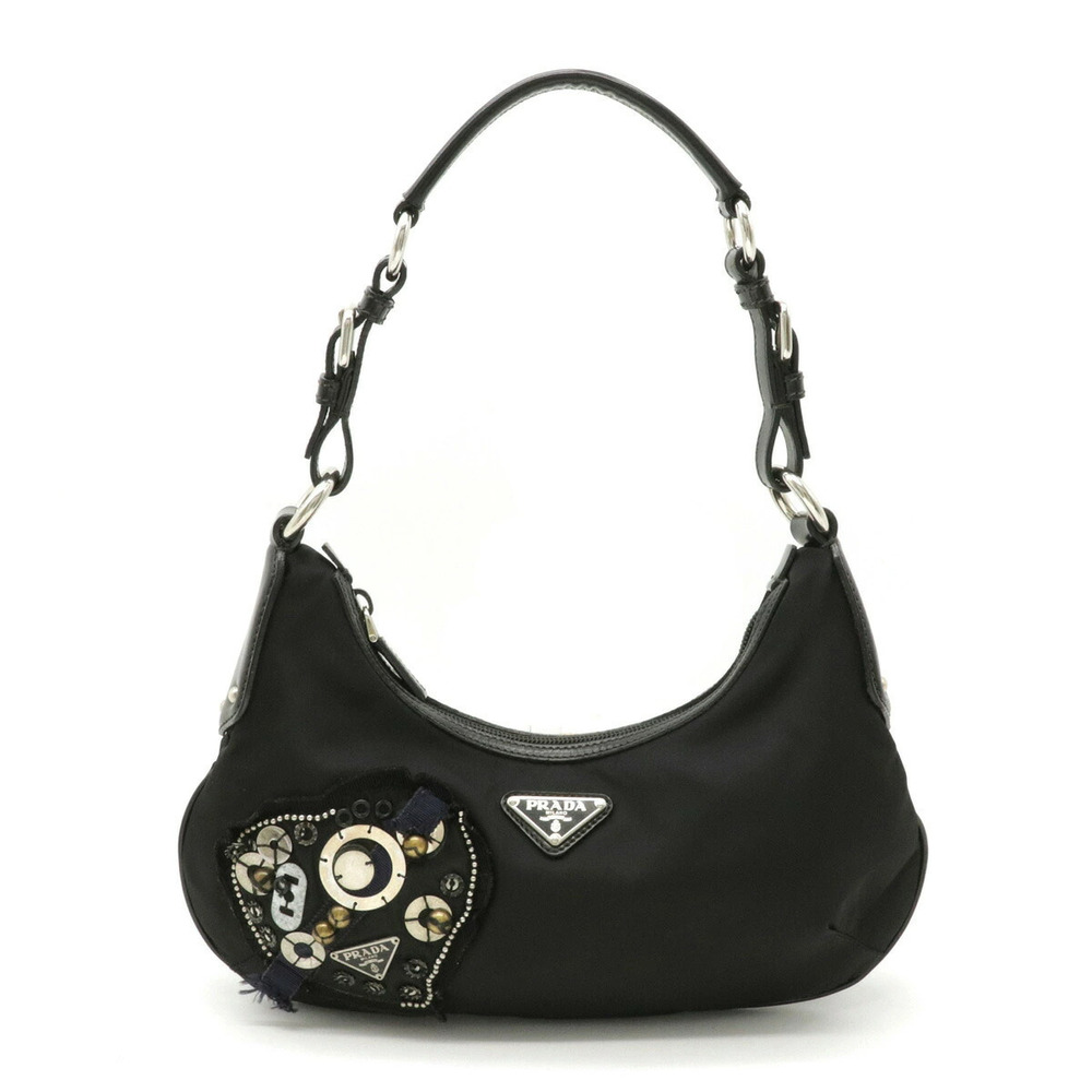 Prada Heart Patchwork Handbag Hobo Leather Metal NERO Black